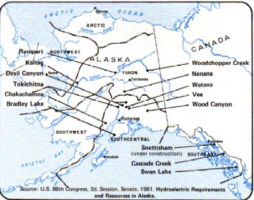 Proposed hydroelectric power sites in Alaska